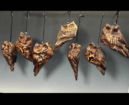 "LITTLE OWL ORNAMENTS" HAND CARVED WOOD