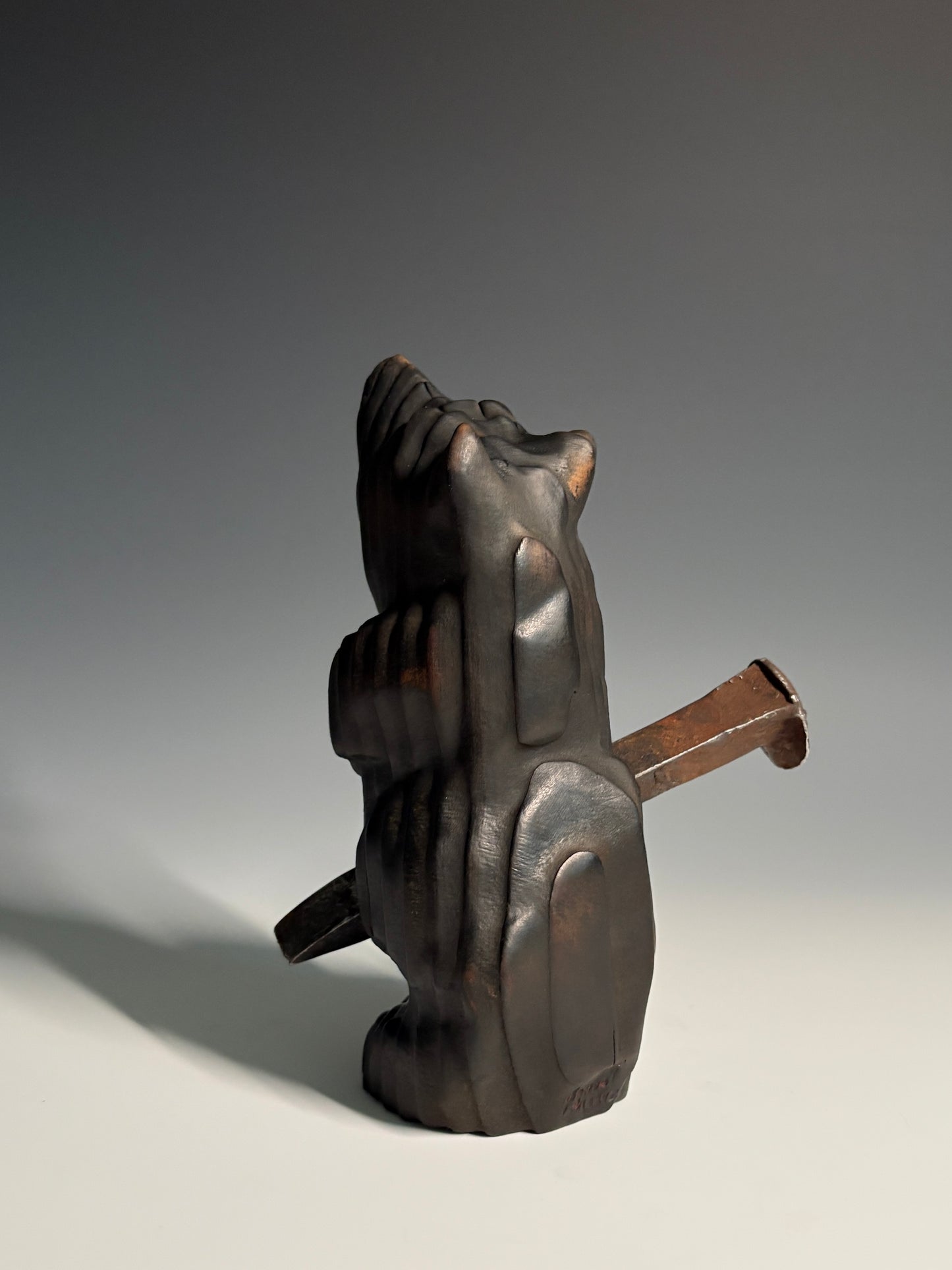 "TRUE GRIT" HAND CARVED DOUGLAS FIR & METAL SCULPTURE