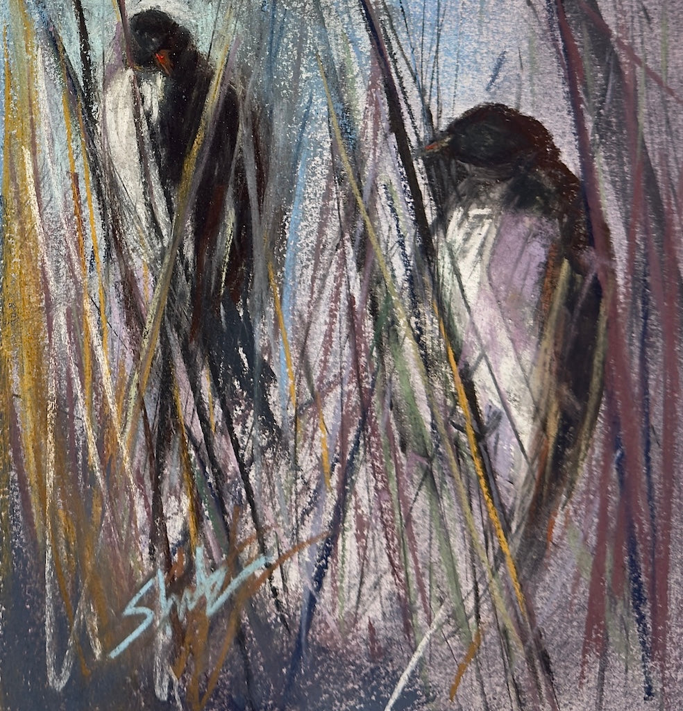 "TWO LITTLE BIRDS IN WINTER" ORIGINAL PASTEL/FRAMED