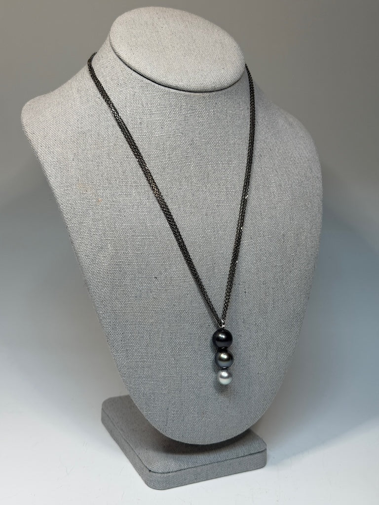 18K WHITE GOLD FANCY ROUND TAHITIAN PEARL TRIOL PENDANT ON STERLING SILVER RUTHENIUM CHAIN NECKLACE AV2617 & AV2618 SET