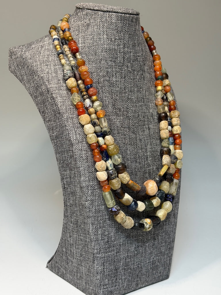 TRIPLE STRAND ANCIENT ROMAN GLASS AND STONE NECKLACE AV2648