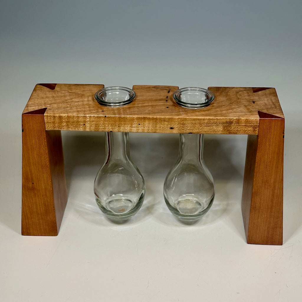 2 GLASS WOODEN BUD VASE HOLDER WITH SPALTED MAPLE AND CHERRY