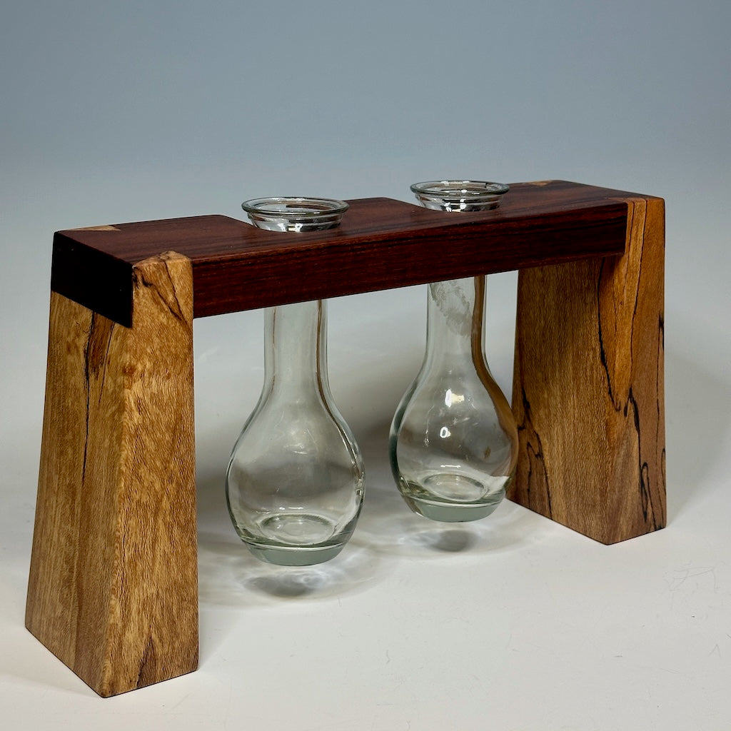 2 GLASS WOODEN BUD VASE HOLDER WITH ROSEWOOD AND SYCAMORE