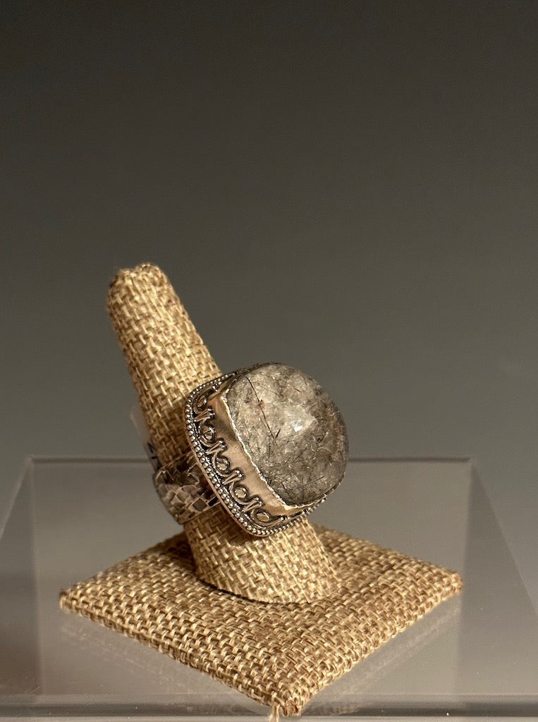 .925 BLACK TOURMALATED QUARTZ STATEMENT RING BR140