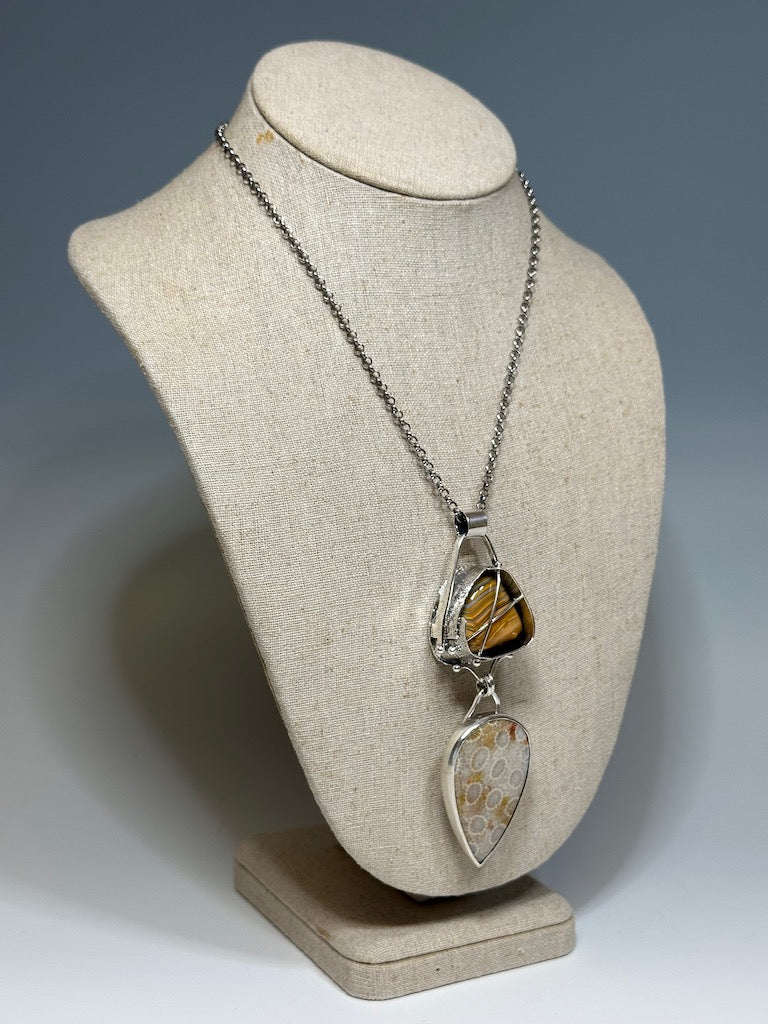 .925 SILVER CROSS CAGED PENDANT WITH BOTSWANA AGATE AND FOSSILIZED CORAL BR317