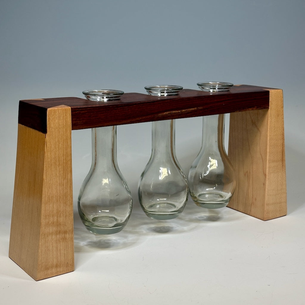 3 GLASS WOODEN BUD VASE HOLDER WITH BOLIVIAN ROSEWOOD