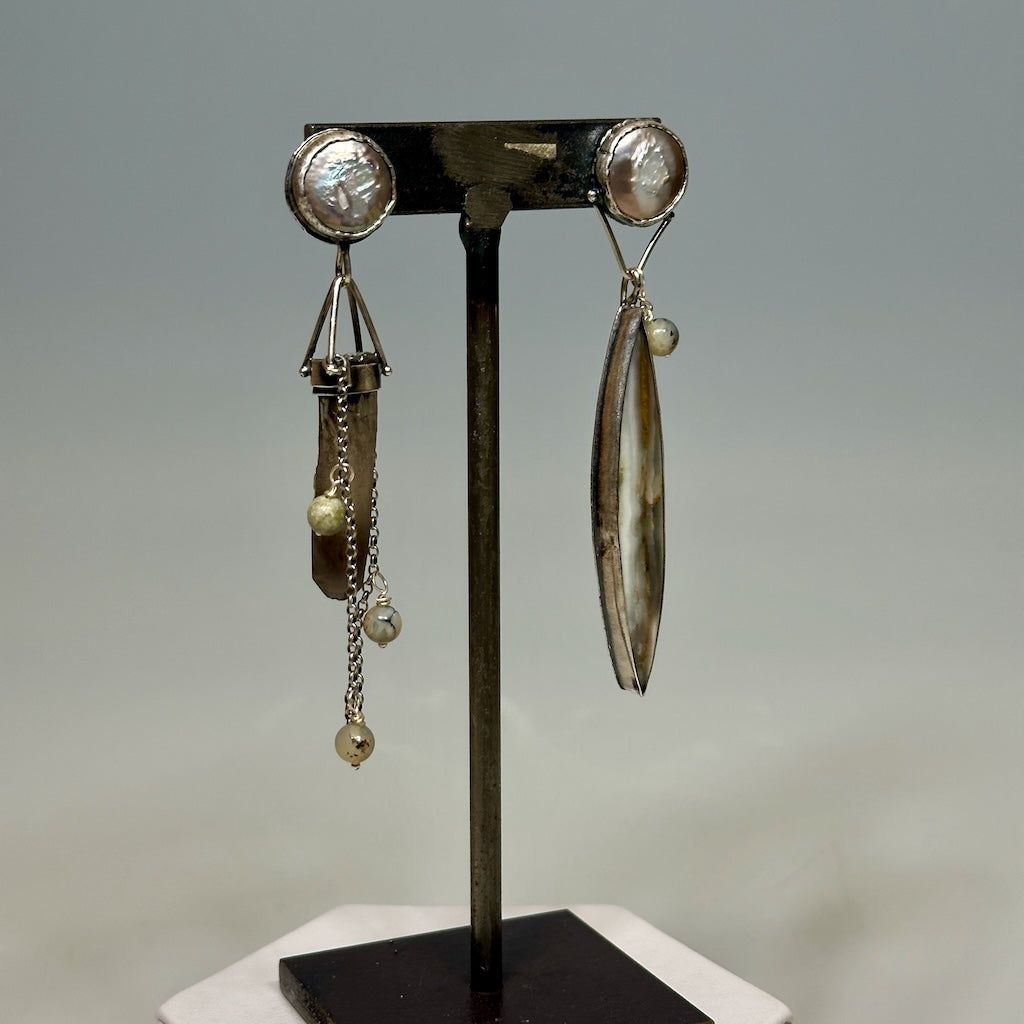 .925 BORN THIS WAY POST TOP EARRINGS WITH IRIDESCENT COIN PEARL, SMOKEY QUARTZ, BANDED JASPER & BAMBOO AGATE BEADS BR494