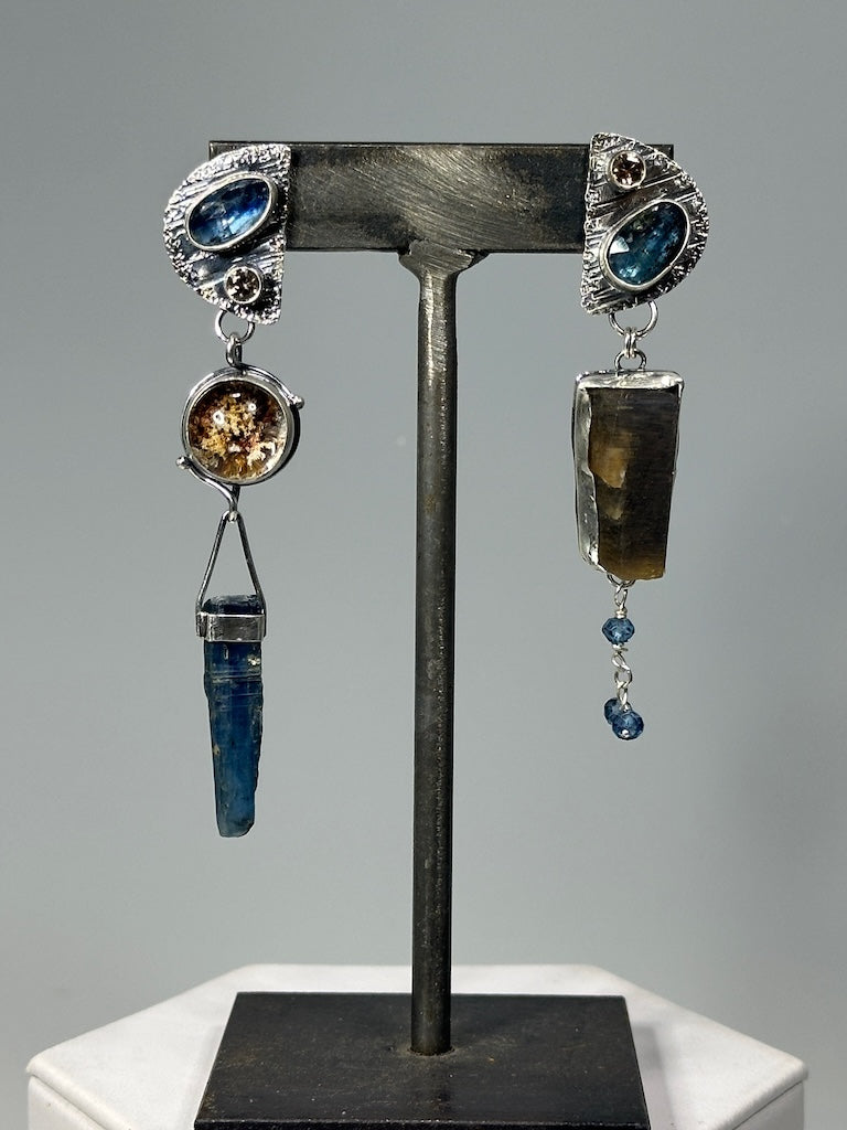 .925 BORN THIS WAY POST TOP EARRINGS WITH TEAL MOSS KYANITE, CHAMPAGNE CZ, LODALITE QUARTZ, SUNSTONE SHARD, KYANITE SHARD, BLUE QUARTZ BEADS BR533