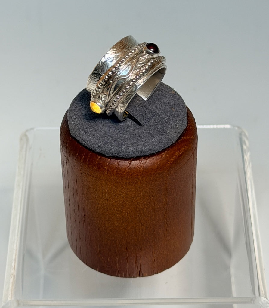 .925 HARMONY BEAD TWIDDLE RING WITH AMBER CITRINE, CITRINE & GARNET BR566
