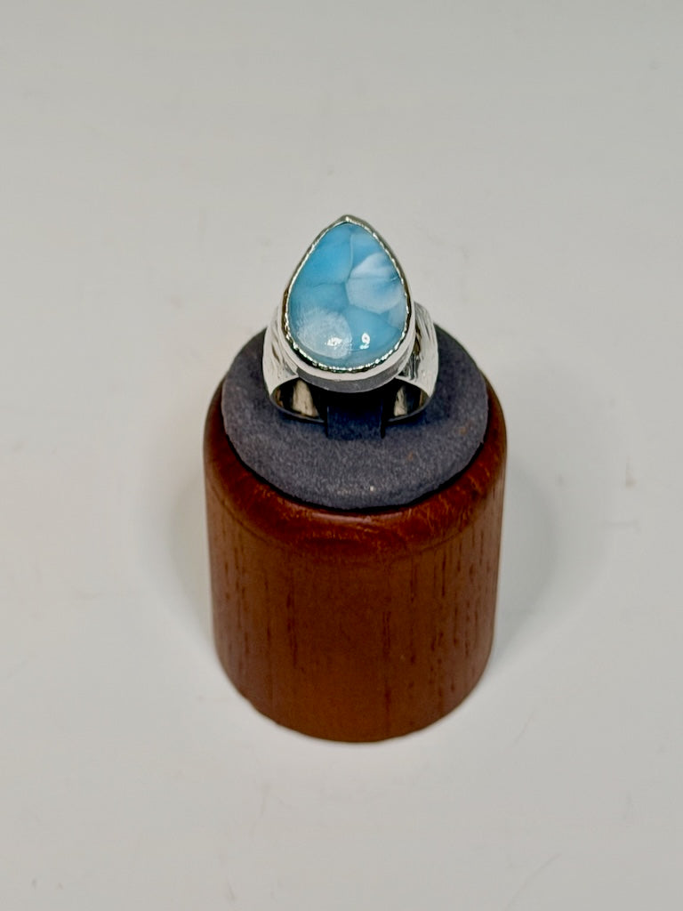 .925 TEARDROP LARIMAR RING ON WIDE BAND BR576