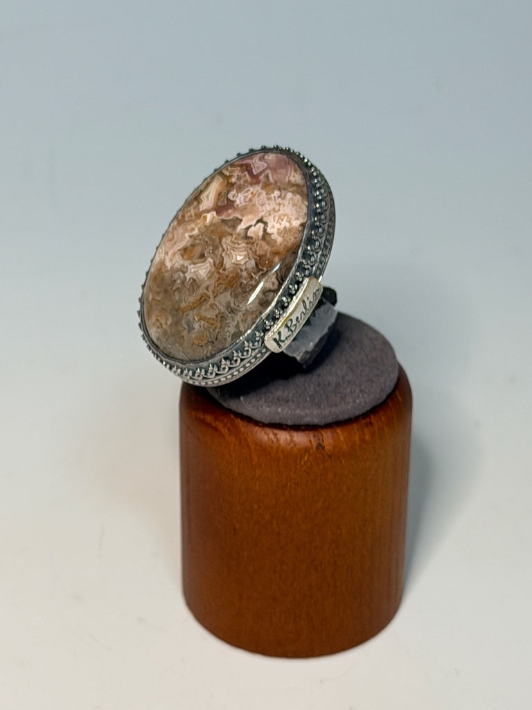 .925 OVAL LACE AGATE STATEMENT RING, OXIDIZED BR577