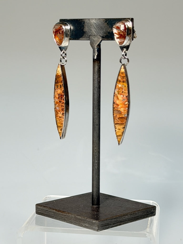 .925 PETRIFIED PALM ROOT EARRINGS WITH RED RUTILATED QUARTZ BR578