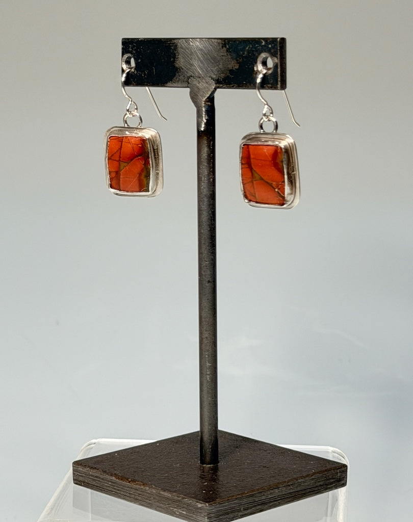 .925 RED CREEK JASPER EARRINGS, BEZELED 17X20MM, ON FRENCH HOOKS BR582