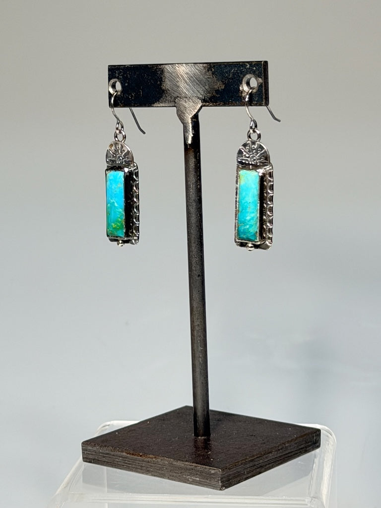 .925 KINGMAN TURQUOISE RECTANGLE EARRINGS WITH SUNBURST ON FRENCH HOOKS BR583
