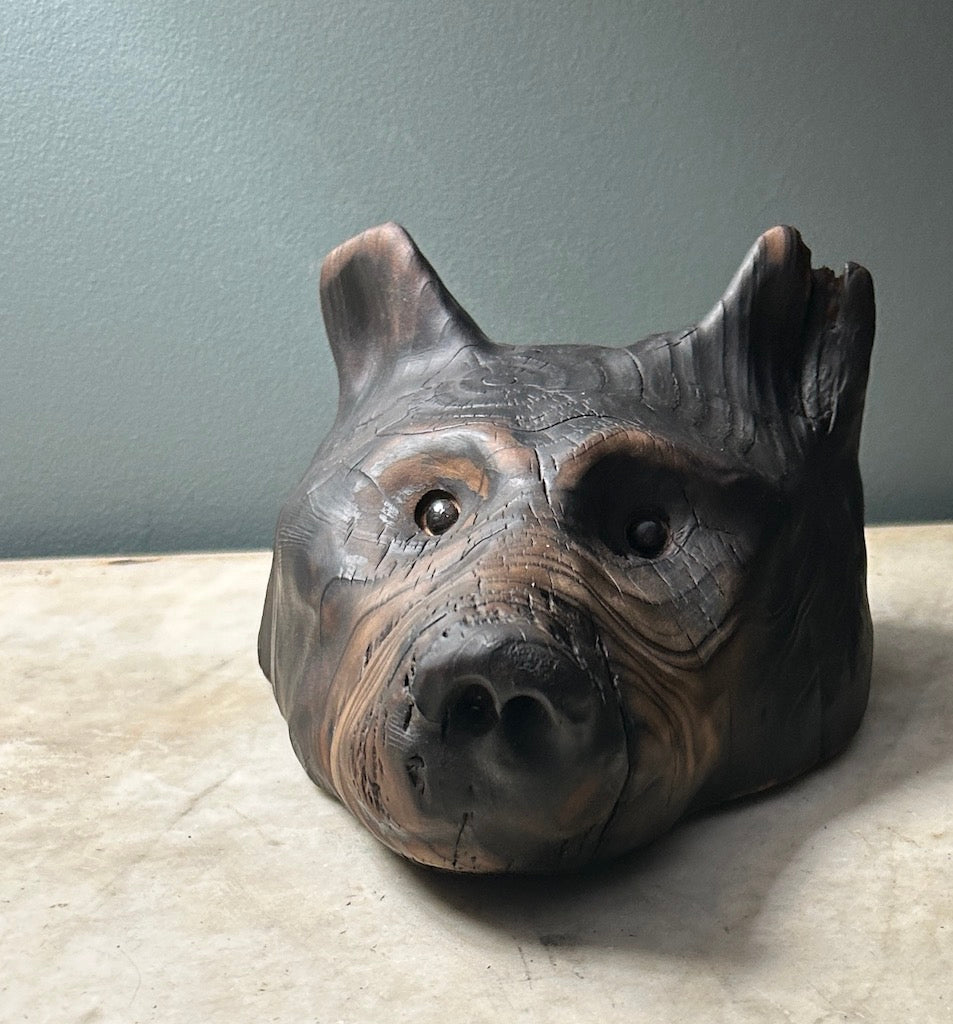 "BEAR HEAD" HAND CARVED WOOD SCULPTURE