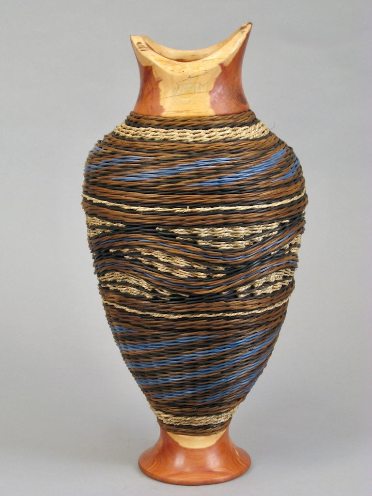 BLUE SPIRAL GENE'S WITH CEDAR TOP AND BASE MIXED MEDIA BASKETRY