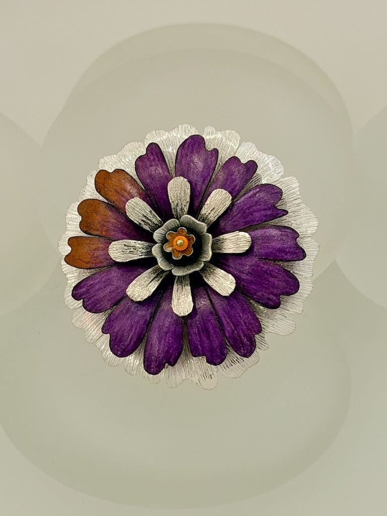 ORANGE/PURPLE FLOWER PIN/PENDANT IN STERLING SILVER, COPPER, PRISMACOLOR & BRASS DKA304