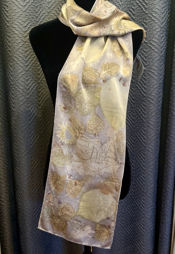 100% HAND DYED SILK CHARMEUSE ECO-PRINTED SCARF F219