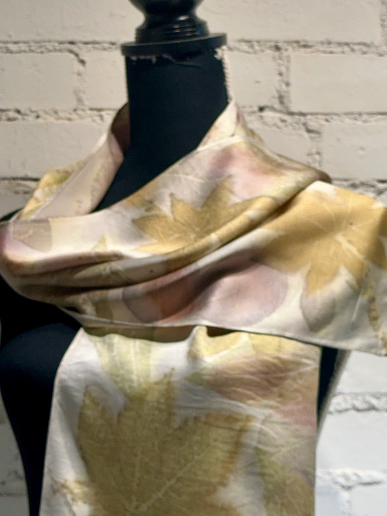 100% HAND DYED SILK CHARMEUSE ECO-PRINTED SCARF F293