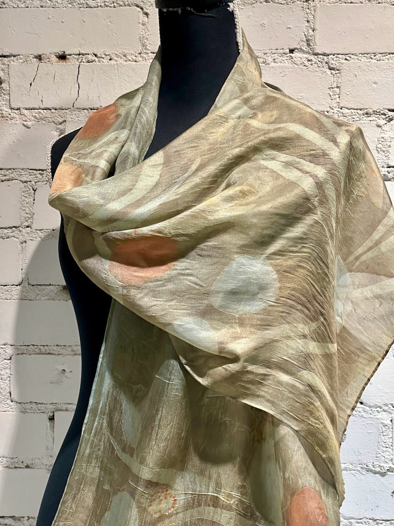 100% HAND DYED SILK ECO-PRINTED SCARF F295