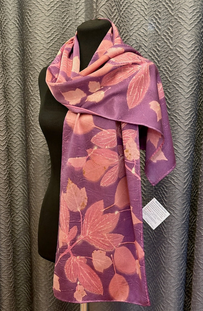 100% HAND DYED SILK CHARMEUSE ECO-PRINTED SCARF F324
