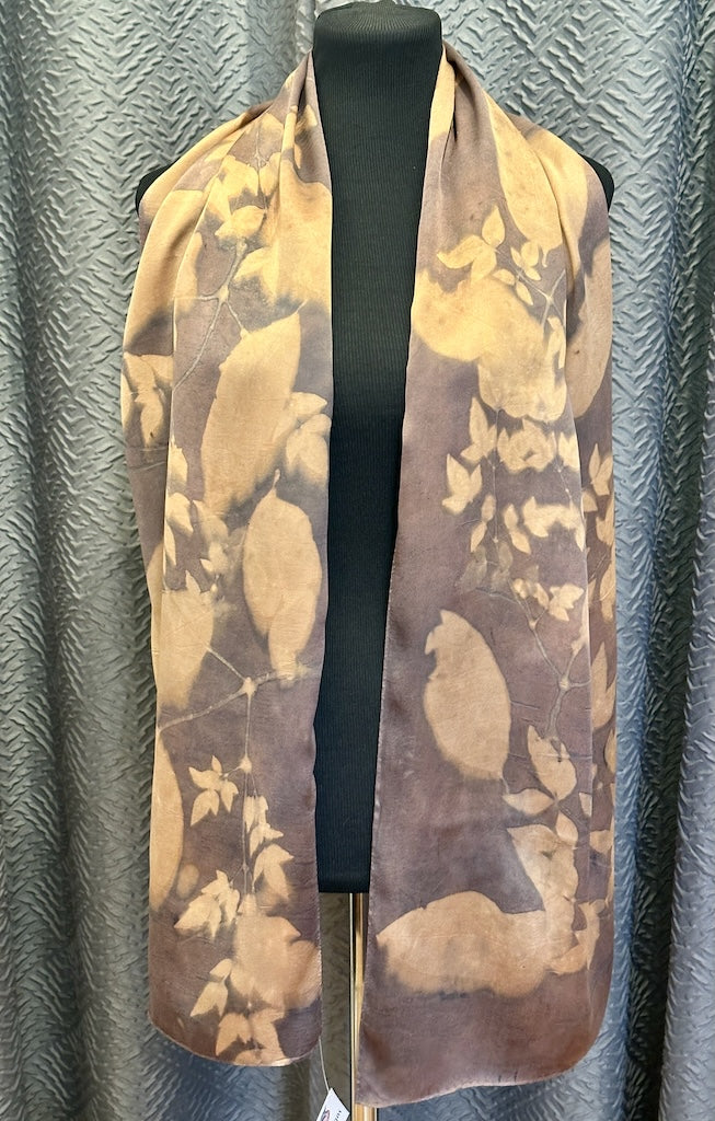 100% HAND DYED SILK SATIN ECO-PRINTED SCARF F326