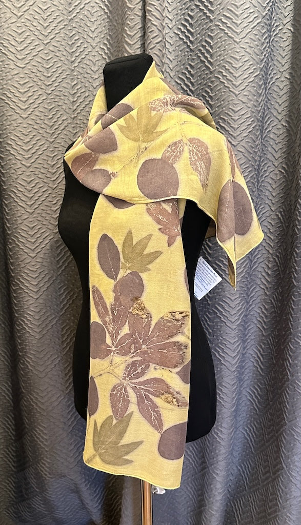 100% HAND DYED SILK/WOOL BLEND ECO-PRINTED SCARF F330