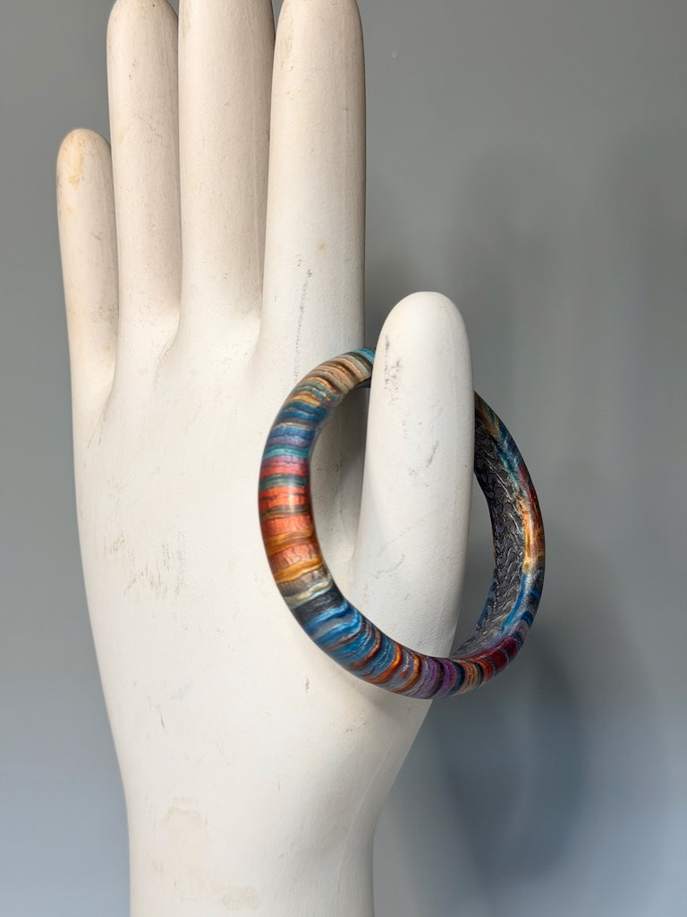 COLORFUL STRIPED POLYMER CLAY BANGLE BRACELET WITH SUBTLE INSIDE PATTERN PCBL869