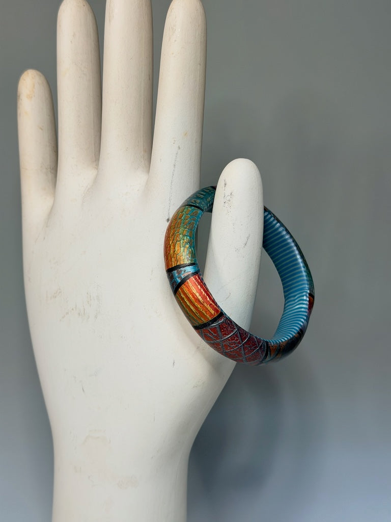 MULTI COLORED MOSAIC SLIGHTLY WAVY POLYMER CLAY BANGLE BRACELET WITH STRIPED INTERIOR PCBL872