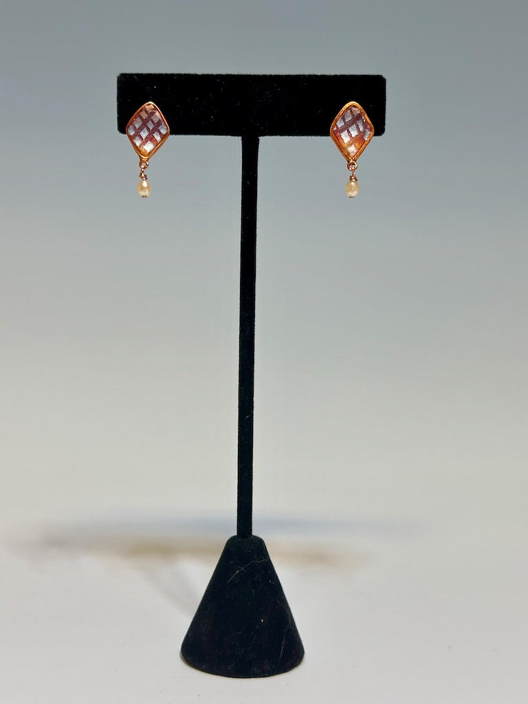 SMALL POLYMER CLAY POST EARRINGS WITH COPPER AND PEARLS PCE663