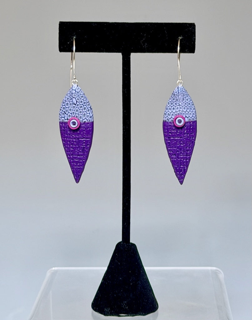 PETAL SHAPED POLYMER CLAY EARRINGS IN PURPLE AND PERIWINKLE ON STERLING SILVER EAR WIRES PCE891