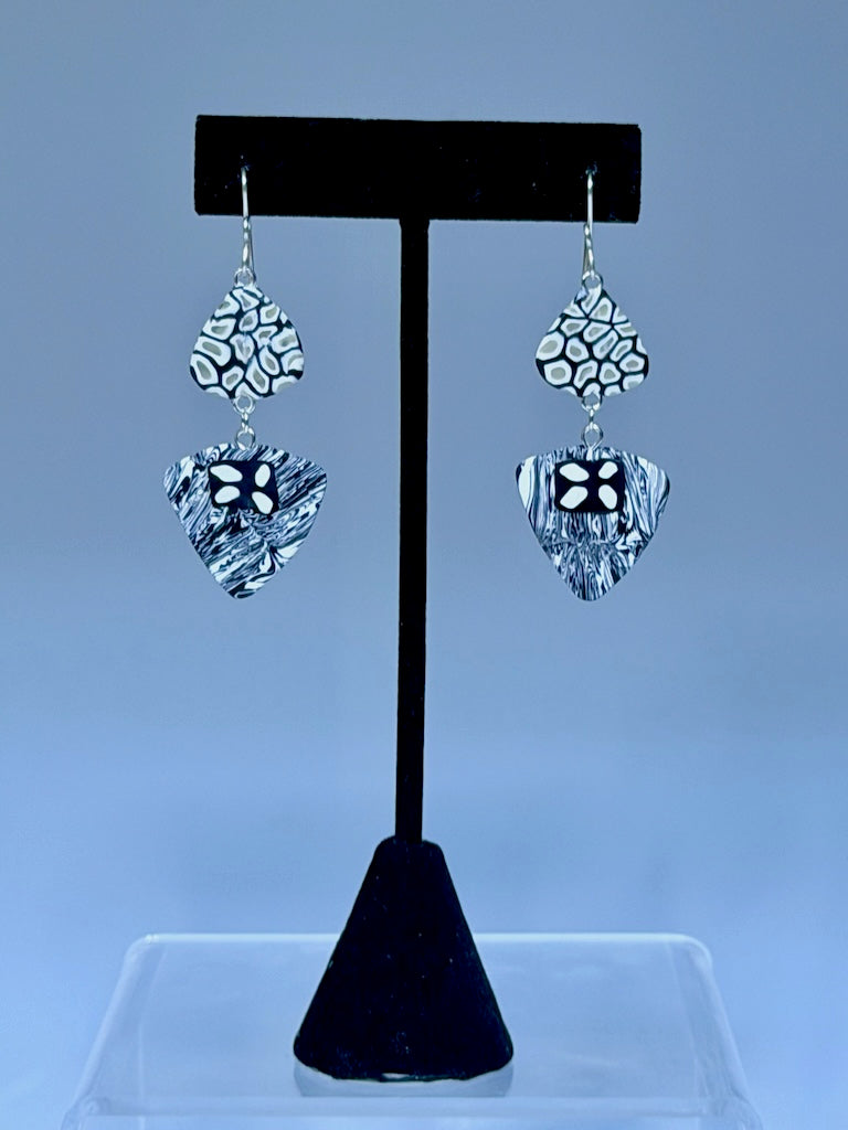 BLACK AND WHITE POLYMER CLAY MULTI COMPONENT EARRINGS ON STERLING SILVER EAR WIRES PCE894