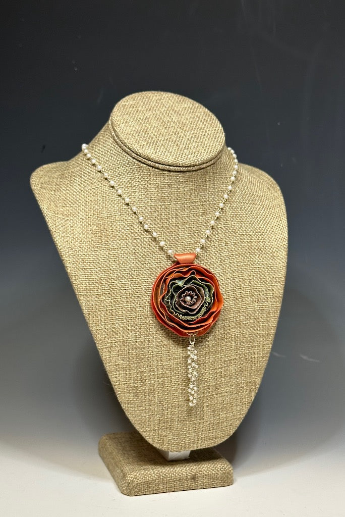 CASCADING RIBBON EFFECT POLYMER CLAY PENDANT WITH PEARL AND SILVER ROSARY CHAIN PCN622