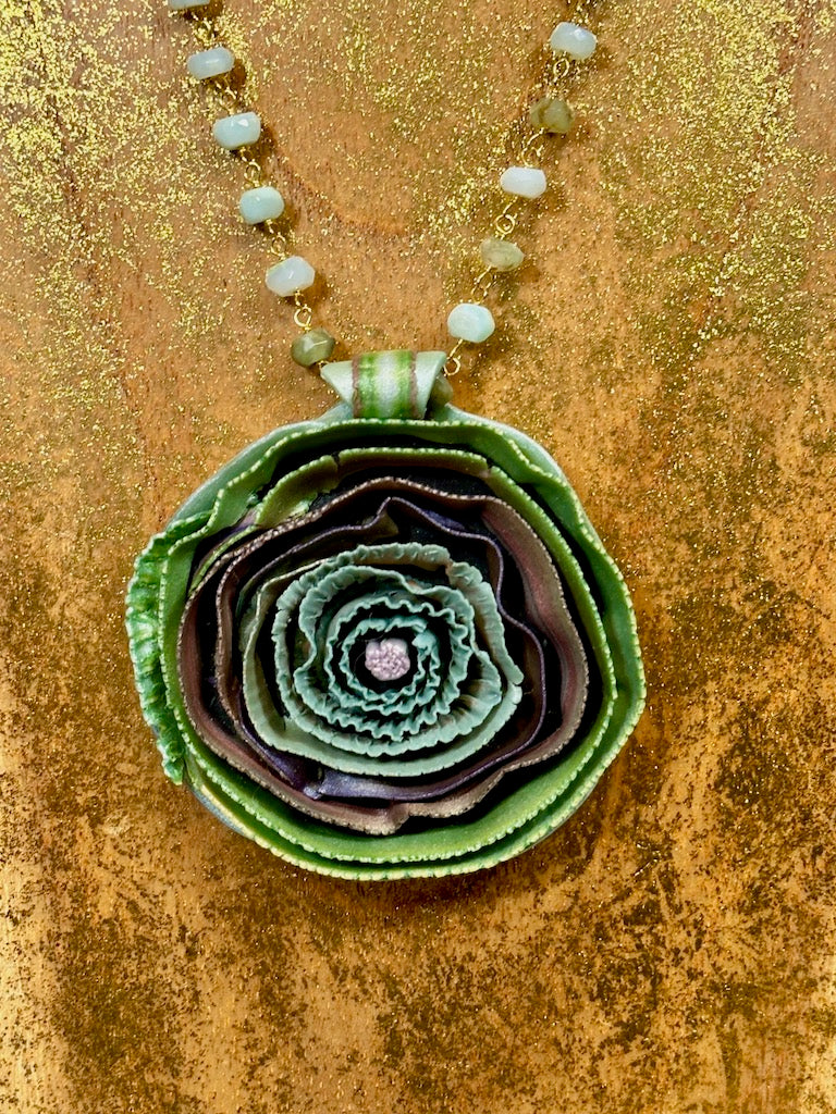 RIBBON EFFECT POLYMER CLAY NECKLACE WITH PERUVIAN OPAL ROSARY CHAIN NECKLACE DKPCN711