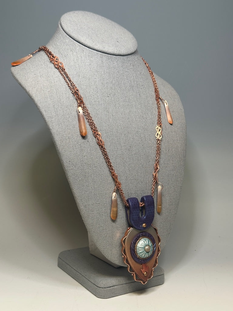 MULTI MEDIUM PENDANT WITH COPPER AND POLYMER CLAY ON COPPER CHAIN WITH URCHIN SPINE BEAD DROPS PCN792
