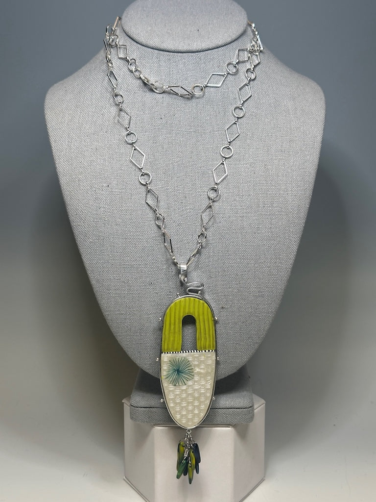 MIXED MEDIUM REVERSIBLE PENDANT WITH METAL, POLYMER CLAY AND BEADS WITH BEAD TASSEL ON ADJUSTABLE CHAIN PCN793