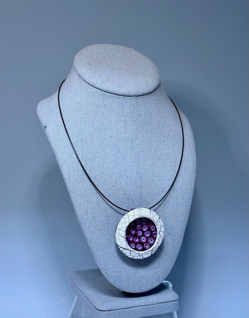 2" ROUND FUCHSIA AND PERIWINKLE POLYMER CLAY PENDANT WITH BLACK STAINLESS STEEL NECK WIRE PCN895