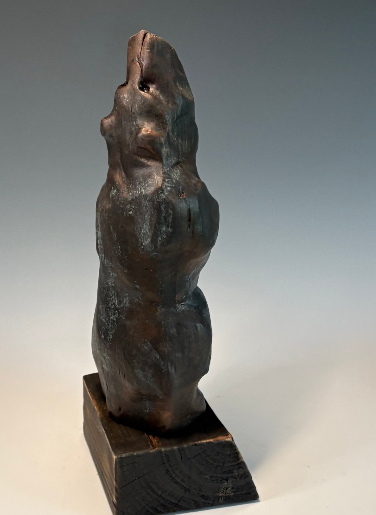 "DON'T LOOK UP!" HAND CARVED WILD CHERRY SCULPTURE WITH METAL COATING