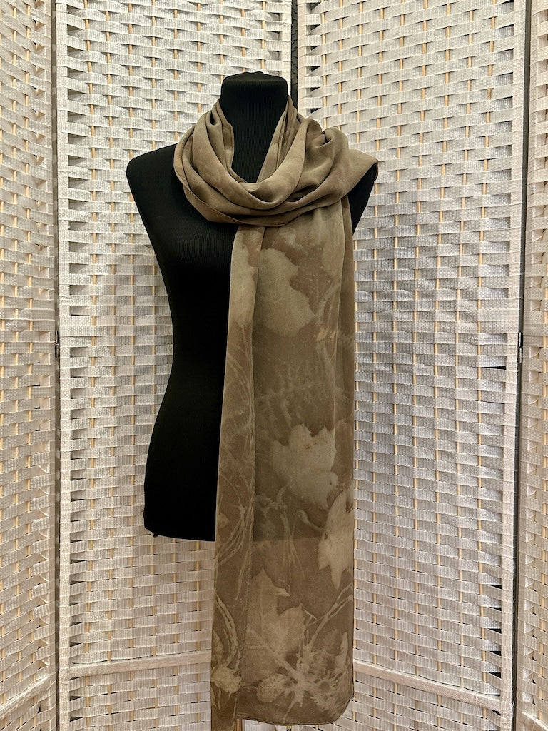 100% HAND DYED SILK CHARMEUSE ECO-PRINTED SCARF F320