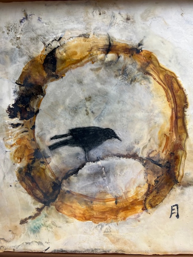 "ENSO RAVEN" ORIGINAL ENCAUSTIC/FRAMED