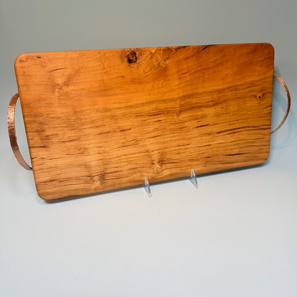 CHERRY WOOD SERVING TRAY WITH HAND HAMMERED COPPER HANDLES I
