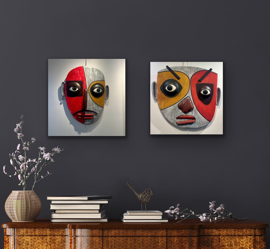 "MASK OF MOODS I" MIXED MEDIA WOOD WALL SCULPTURE
