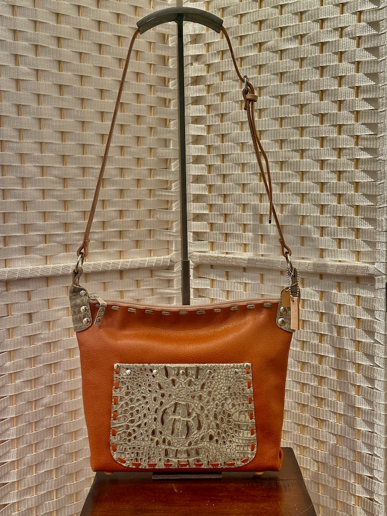 BRICK HOBO WITH CROC LEATHER POCKET II228