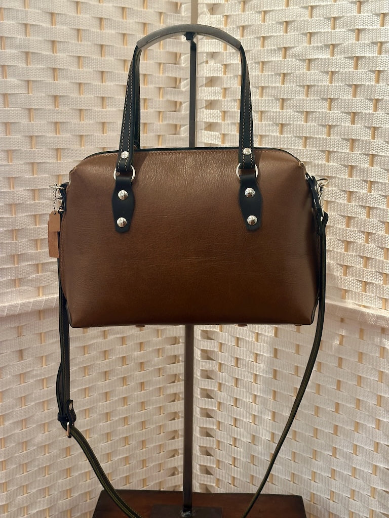 DARK BROWN AND BLACK LEATHER STACHEL WITH DOUBLE HANDLES AND CROSSBODY STRAP II281