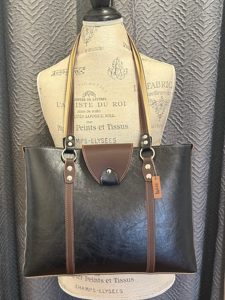 TOTE LEATHER SHOULDER BAG BLACK WITH BURGUNDY TRIM II285