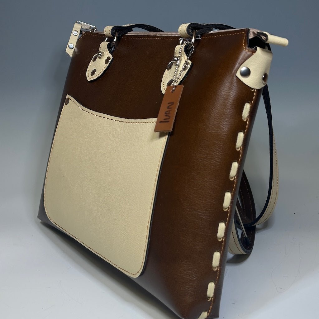 CHOCOLATE BROWN AND CREAM TOTE HANDBAG II286