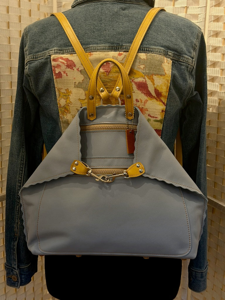 LARGE SKY BLUE LEATHER BACKPACK WITH YELLOW STRAPS, FRONT POCKET AND SCALLOPED EDGES II327