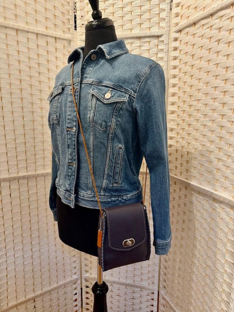 NAVY LEATHER PHONE BAG WITH FLAP TOP - II348
