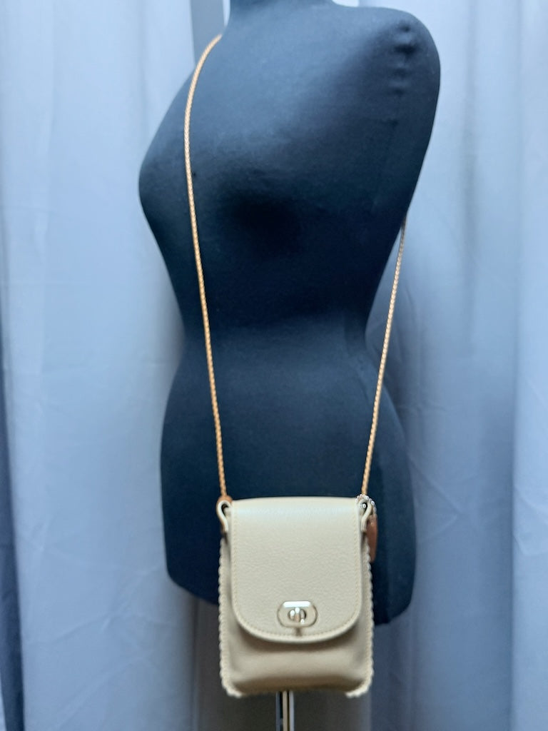 TAUPE LEATHER PHONE BAG WITH SCALLOPED EDGES & FLAP CLOSURE - II357T2