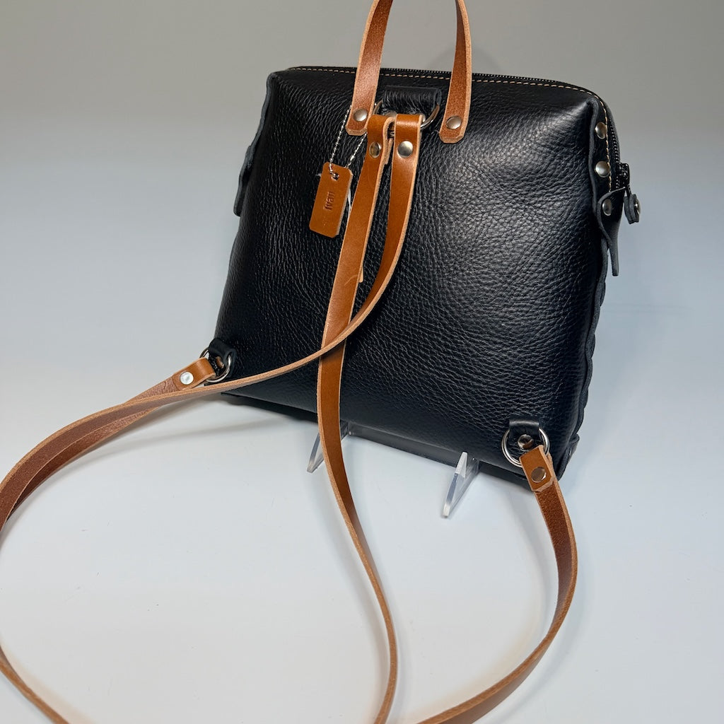 SMALL BLACK AND BROWN BACKPACK WITH RIVETS AND TOP ZIPPER II410